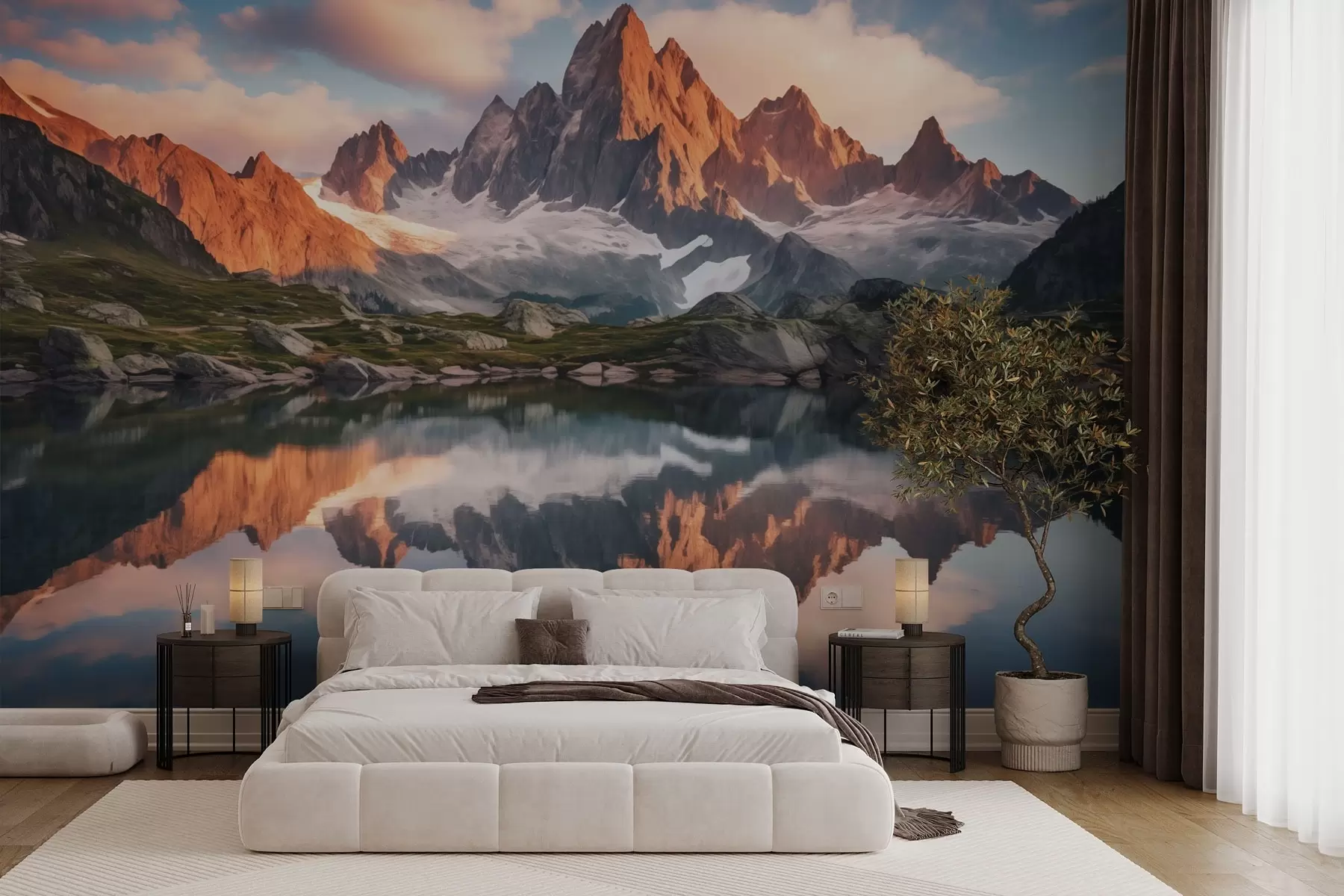 murais de parede Montanhas ao amanhecer, reflexo na água, paisagem realista w04150