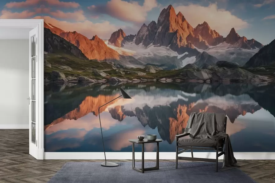 murais de parede Montanhas ao amanhecer, reflexo na água, paisagem realista w04150