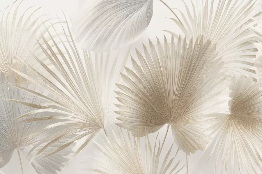 murais de parede Leques de folhas tropicais suaves em tons de bege claro e azulado w09084