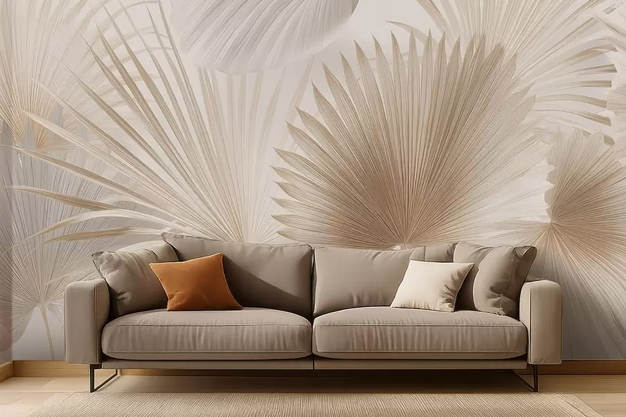 murais de parede Leques de folhas tropicais suaves em tons de bege claro e azulado w09084