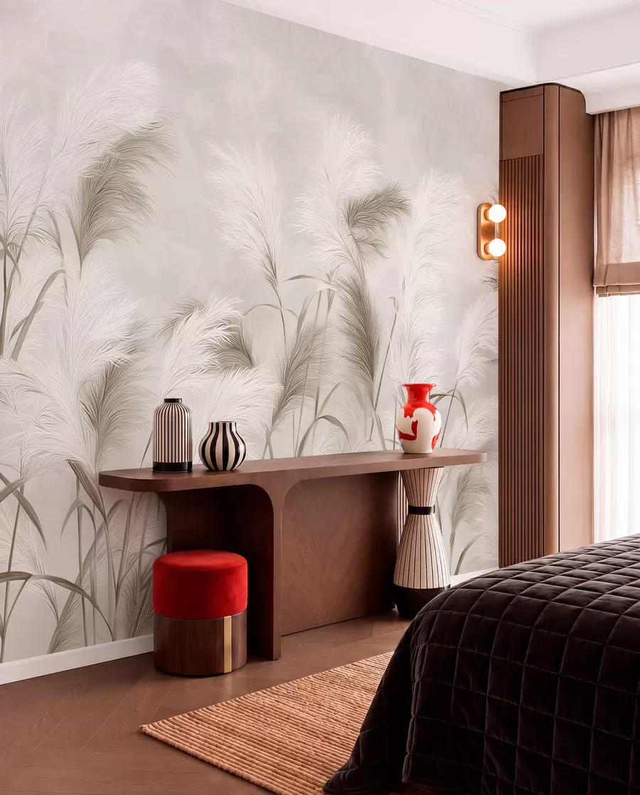 murais de parede A elegante erva-dos-pampas floresce em tons de cinzento e castanho w09150