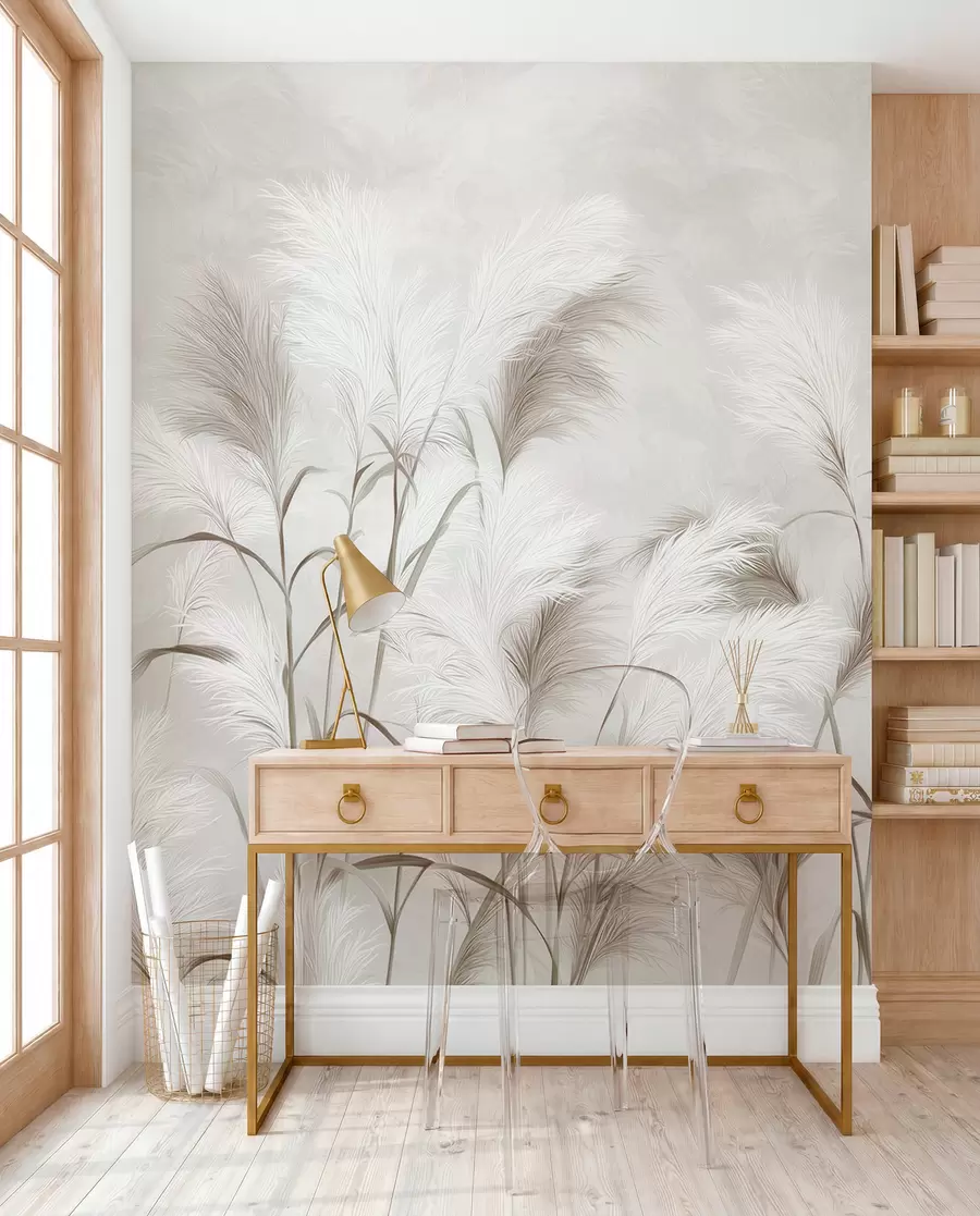 murais de parede A elegante erva-dos-pampas floresce em tons de cinzento e castanho w09150