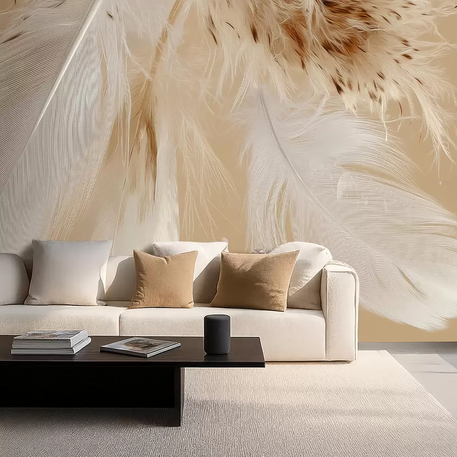 murais de parede Penas claras em tons quentes de bege e branco w09153