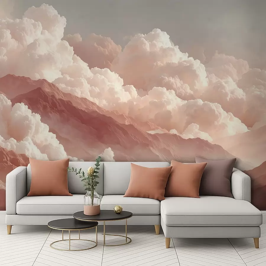 murais de parede Nascer do sol quente sobre as montanhas com nuvens fofas w09226