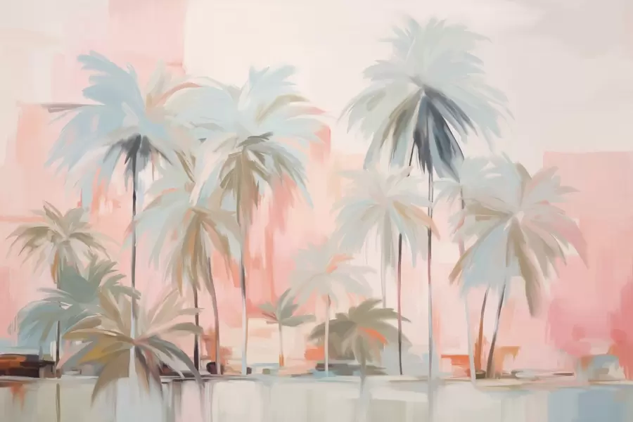 murais de parede Palmeiras tropicais abstractas minimalistas em tons pastel, sobre um fundo de tons suaves de rosa e pêssego w09212