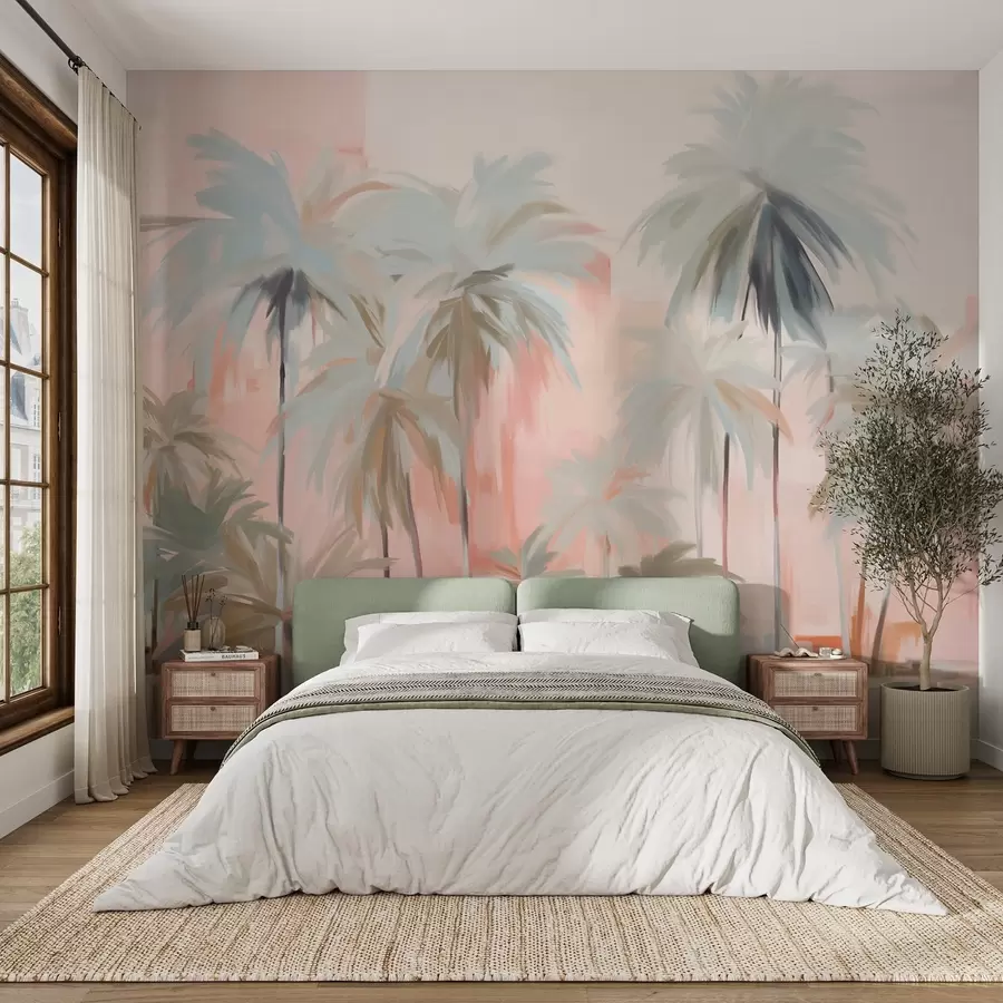 murais de parede Palmeiras tropicais abstractas minimalistas em tons pastel, sobre um fundo de tons suaves de rosa e pêssego w09212