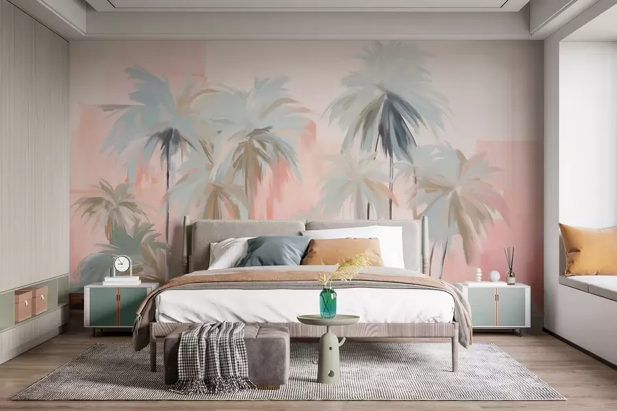 murais de parede Palmeiras tropicais abstractas minimalistas em tons pastel, sobre um fundo de tons suaves de rosa e pêssego w09212