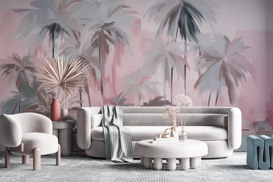 murais de parede Palmeiras tropicais abstractas minimalistas em tons pastel, sobre um fundo de tons suaves de rosa e cinzento w09212v1