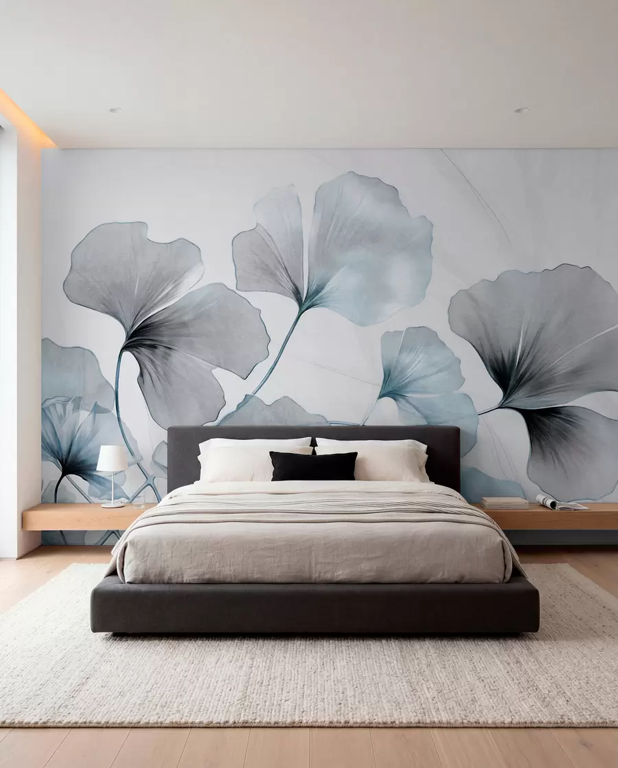 murais de parede Folhas de Ginkgo biloba em tons suaves de azul e cinzento, efeito de aguarela com textura delicada, fundo claro w09215v1