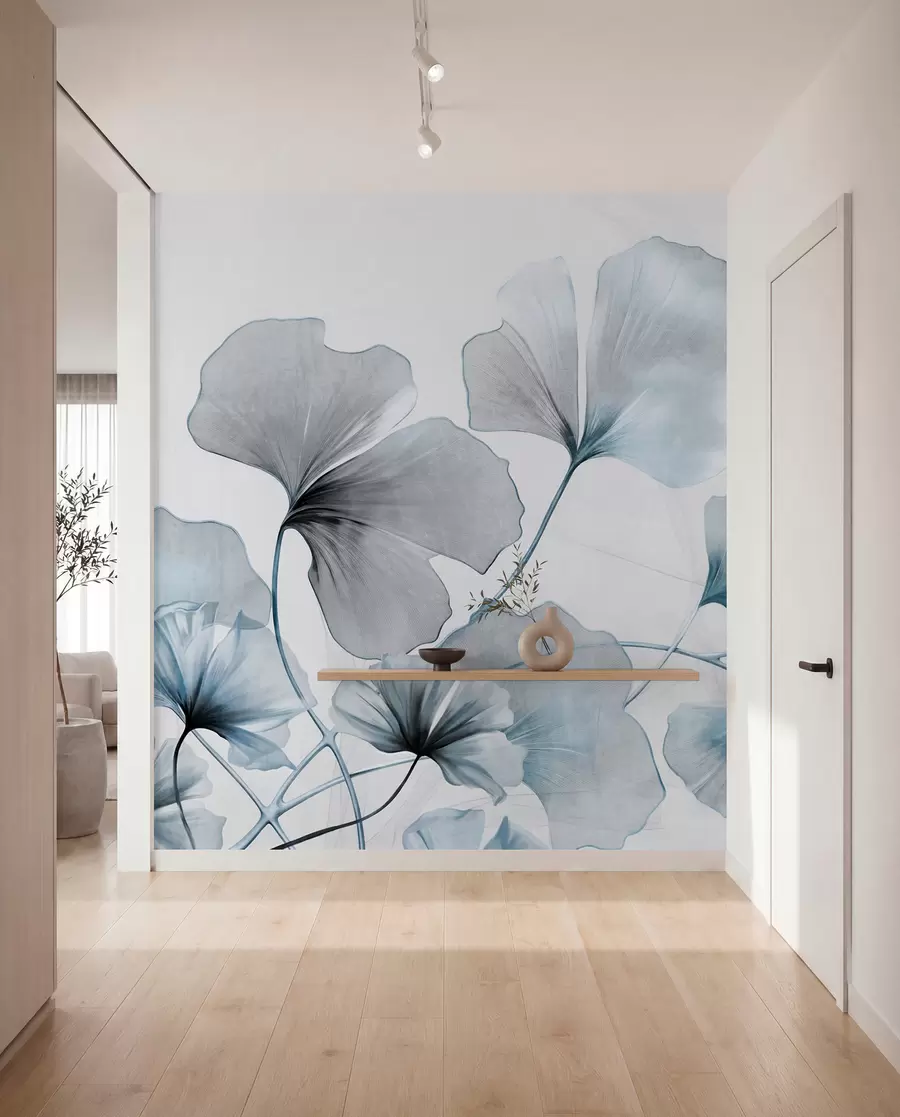 murais de parede Folhas de Ginkgo biloba em tons suaves de azul e cinzento, efeito de aguarela com textura delicada, fundo claro w09215v1