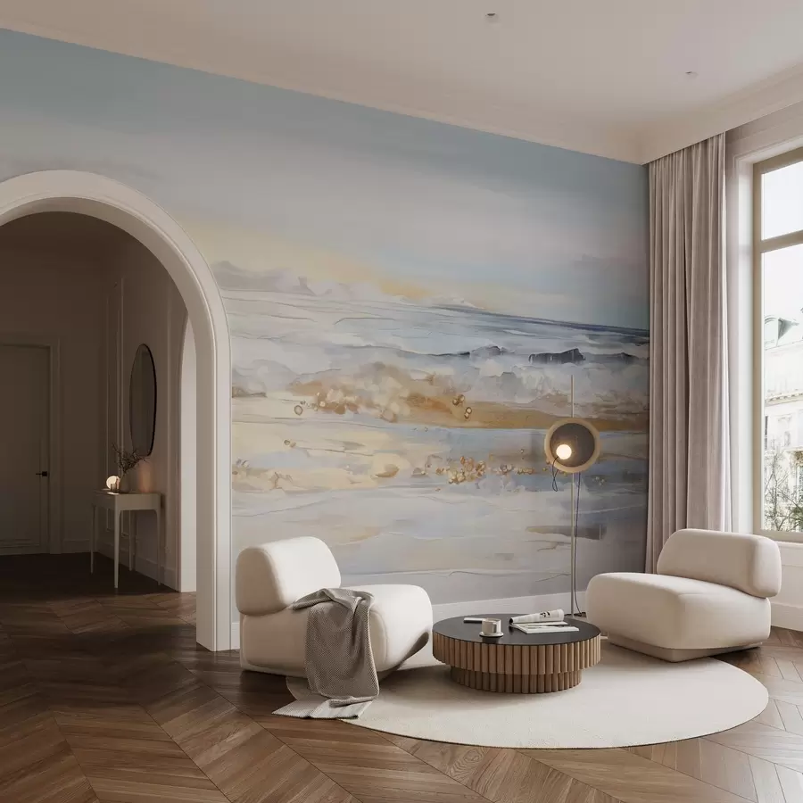 murais de parede Paisagem abstrata texturada com ondas do mar a bater numa praia de areia, cores pastel suaves, céu azul com nuvens claras w09234