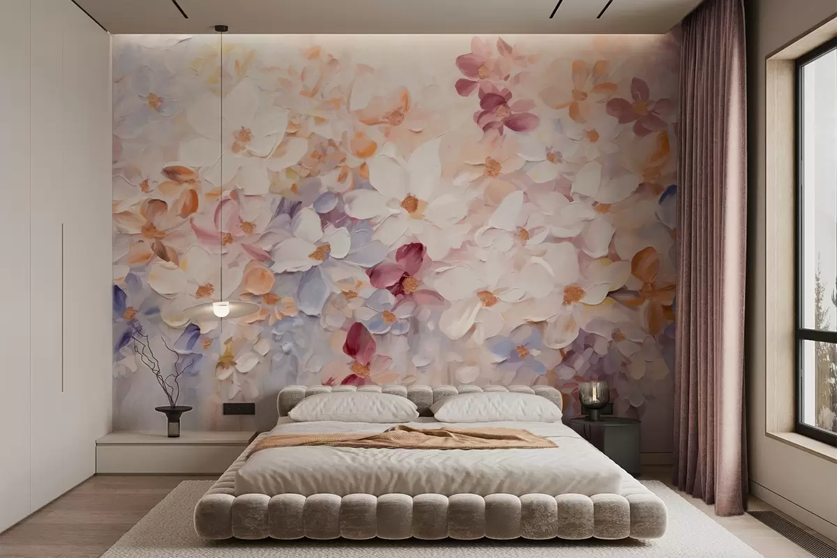 murais de parede Pintura a óleo imitação de um jardim de flores com flores brancas, cor-de-rosa e cor de laranja, pinceladas suaves, cores pastel suaves w09236