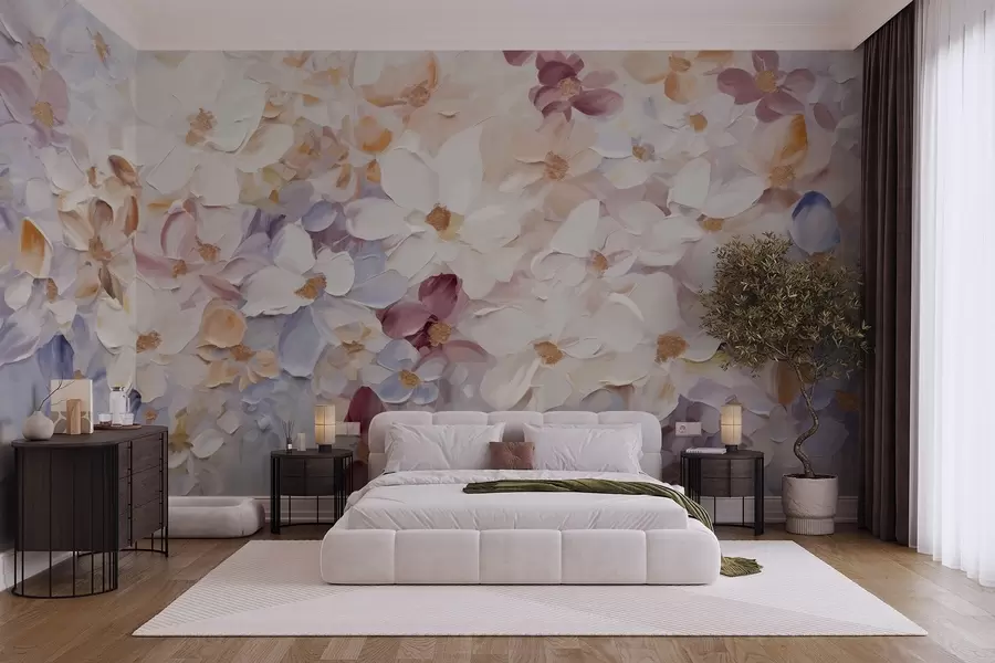 murais de parede Pintura a óleo imitação de um jardim de flores com flores brancas, cor-de-rosa e cor de laranja, pinceladas suaves, cores pastel suaves w09236