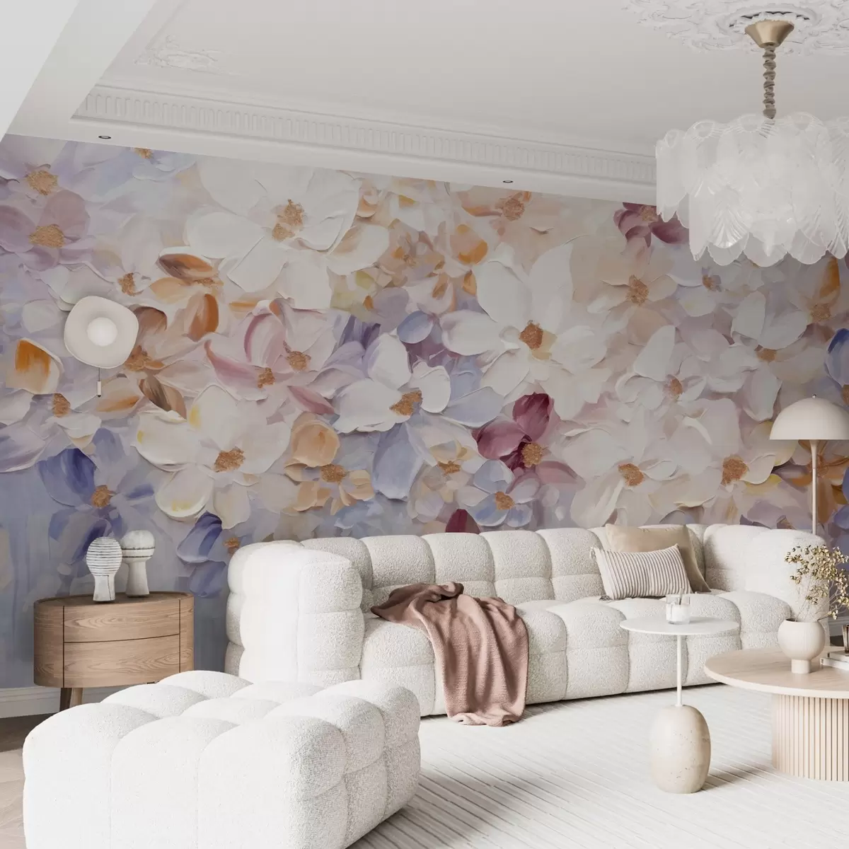 murais de parede Pintura a óleo imitação de um jardim de flores com flores brancas, cor-de-rosa e cor de laranja, pinceladas suaves, cores pastel suaves w09236