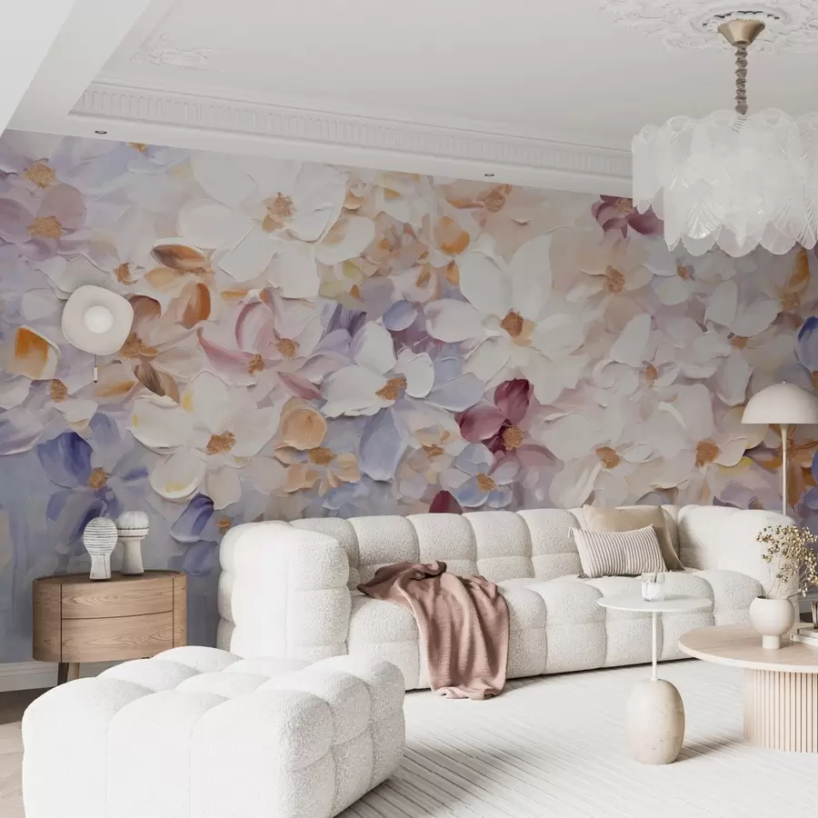 murais de parede Pintura a óleo imitação de um jardim de flores com flores brancas, cor-de-rosa e cor de laranja, pinceladas suaves, cores pastel suaves w09236