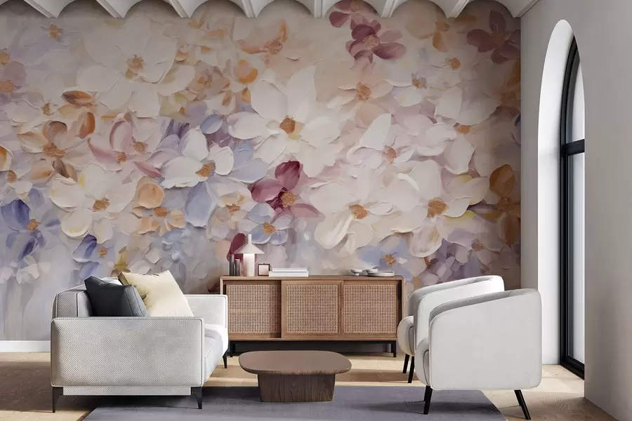 murais de parede Pintura a óleo imitação de um jardim de flores com flores brancas, cor-de-rosa e cor de laranja, pinceladas suaves, cores pastel suaves w09236