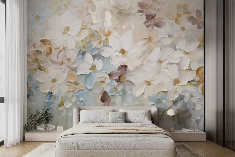 murais de parede Pintura a óleo imitação de um jardim de flores com flores brancas, azuis e cor de laranja, pinceladas suaves, cores pastel suaves w09236v1