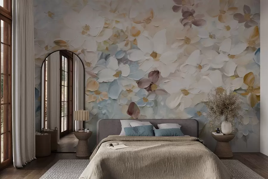 murais de parede Pintura a óleo imitação de um jardim de flores com flores brancas, azuis e cor de laranja, pinceladas suaves, cores pastel suaves w09236v1