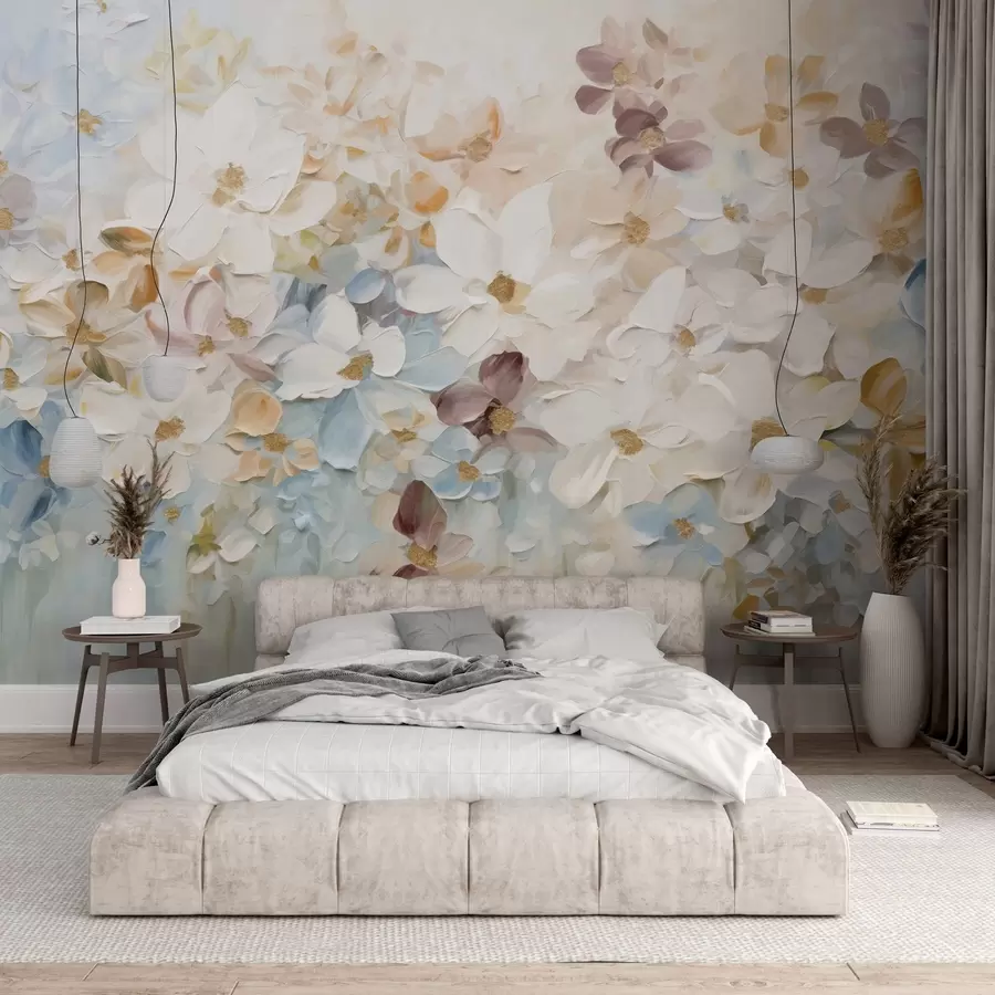 murais de parede Pintura a óleo imitação de um jardim de flores com flores brancas, azuis e cor de laranja, pinceladas suaves, cores pastel suaves w09236v1