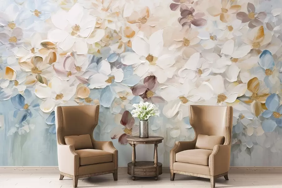 murais de parede Pintura a óleo imitação de um jardim de flores com flores brancas, azuis e cor de laranja, pinceladas suaves, cores pastel suaves w09236v1