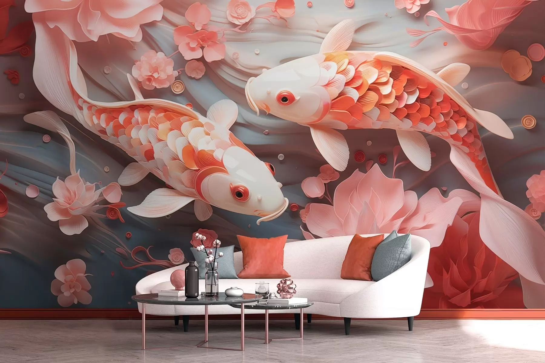 murais de parede Peixes delicados com escamas dimensionais nadam num fluxo de pétalas e tons de rosa suaves w09237