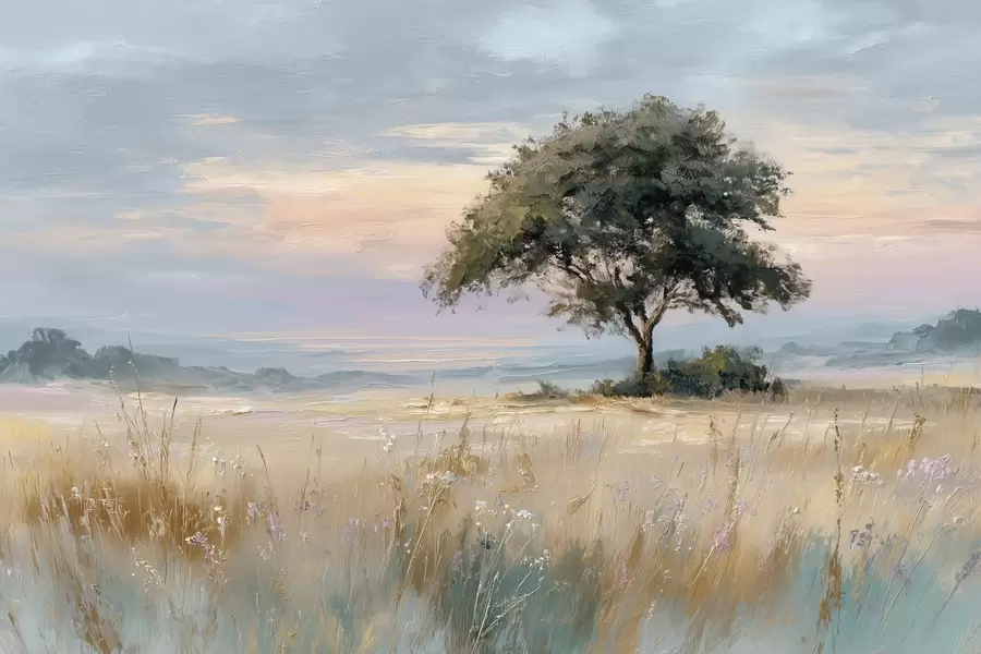 murais de parede árvore no meio de um campo ao estilo de uma pintura a óleo w04206