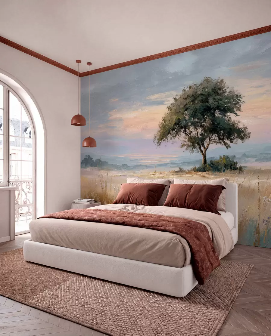 murais de parede árvore no meio de um campo ao estilo de uma pintura a óleo w04206