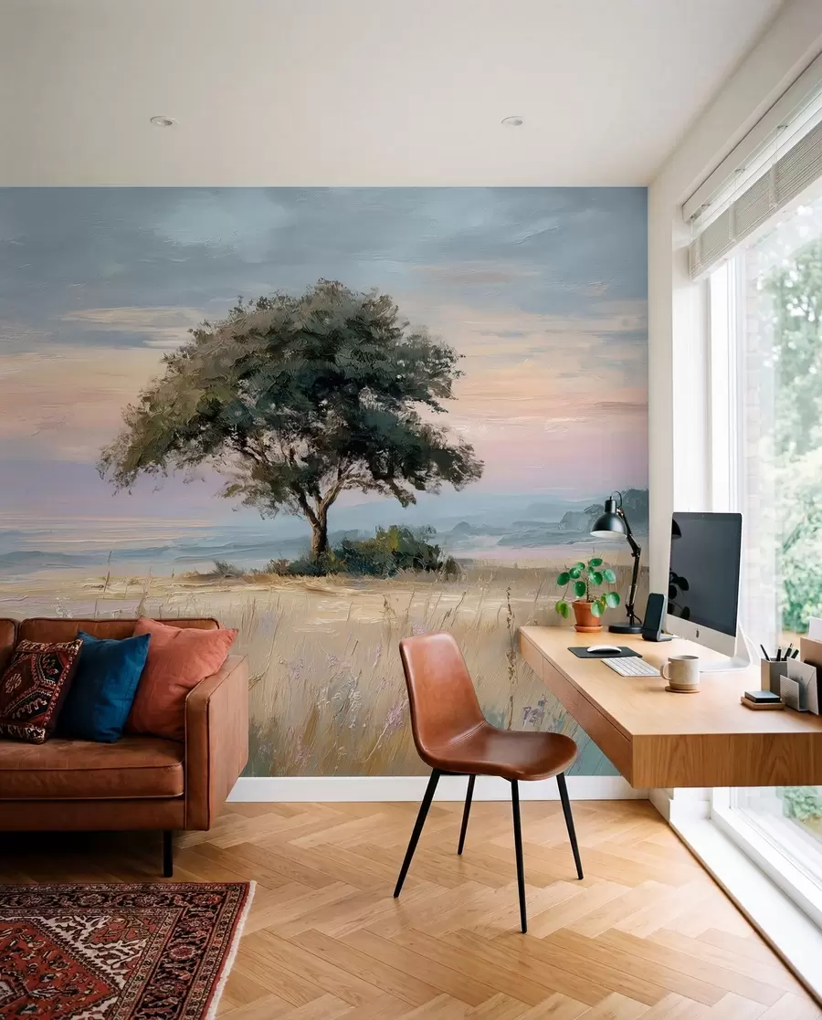 murais de parede árvore no meio de um campo ao estilo de uma pintura a óleo w04206