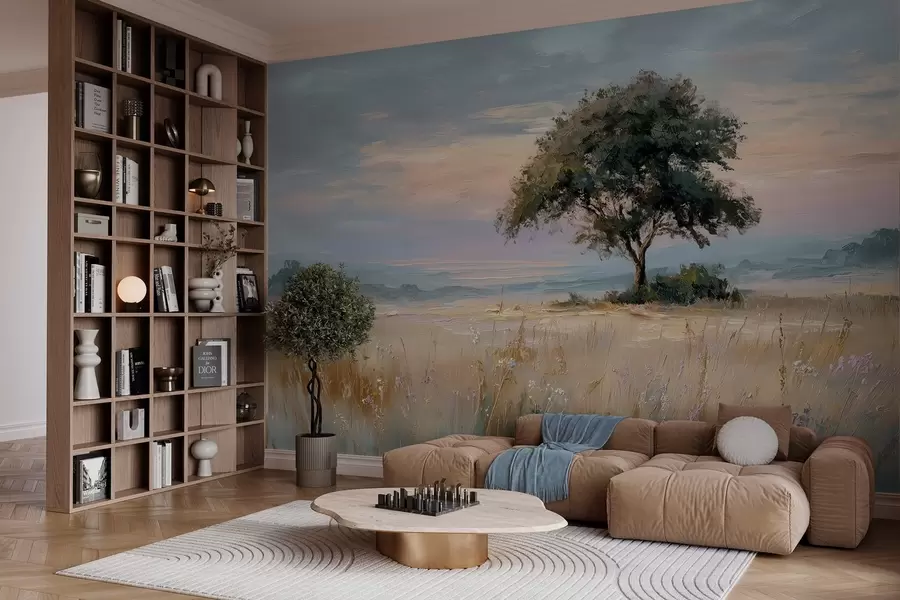 murais de parede árvore no meio de um campo ao estilo de uma pintura a óleo w04206