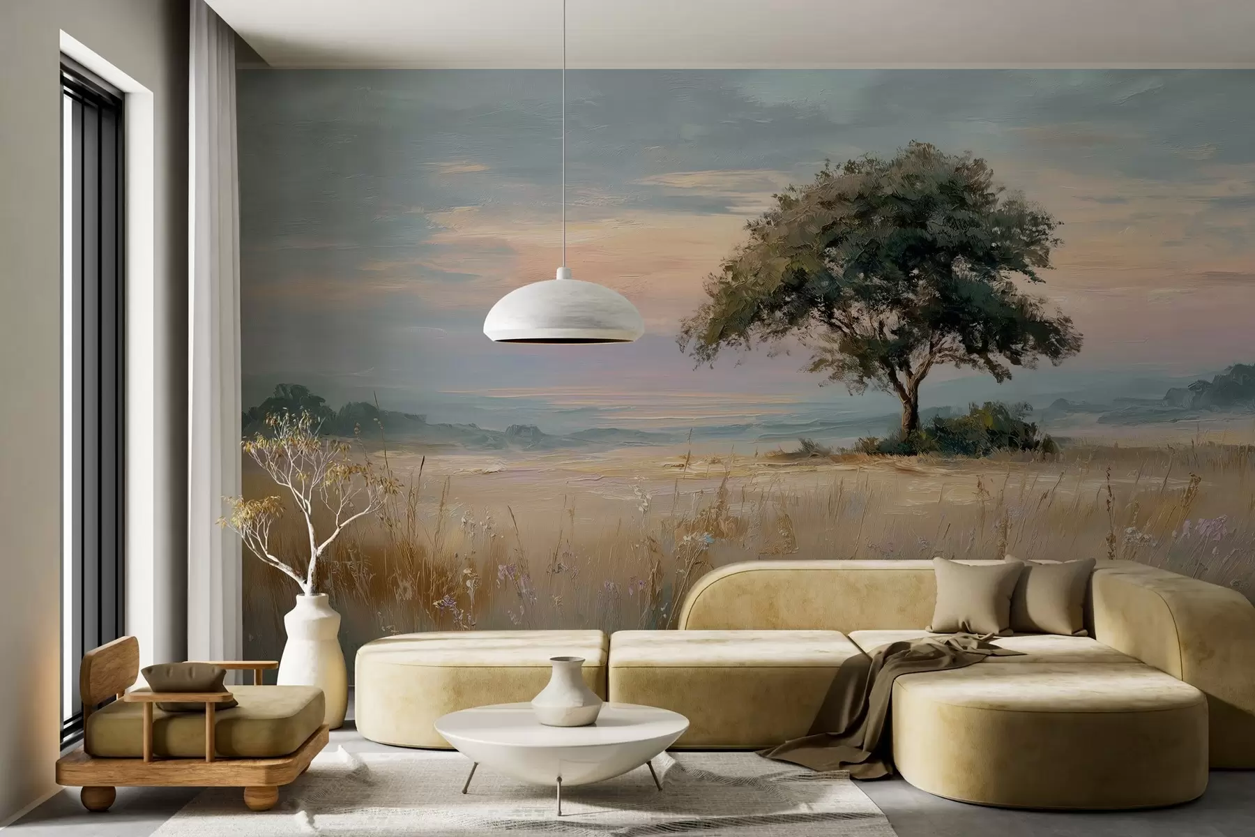 murais de parede árvore no meio de um campo ao estilo de uma pintura a óleo w04206