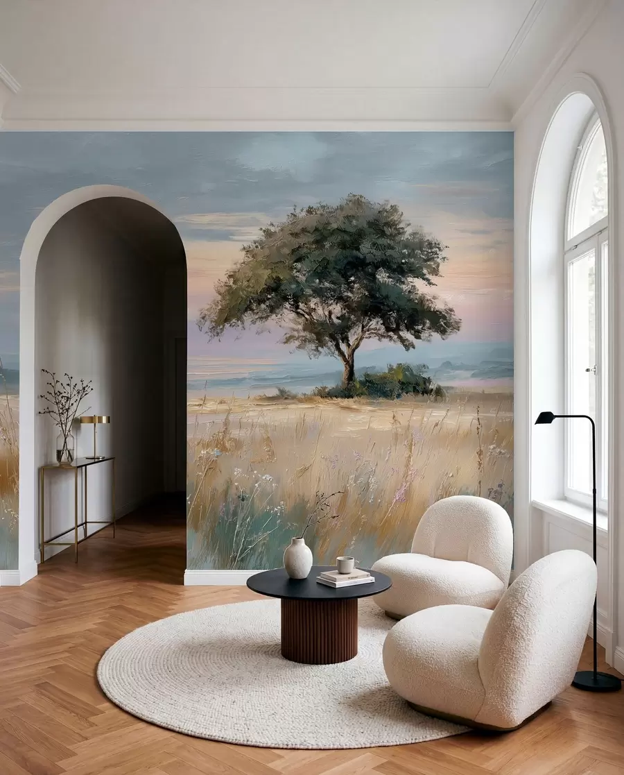 murais de parede árvore no meio de um campo ao estilo de uma pintura a óleo w04206