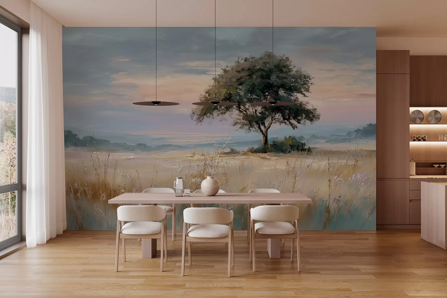 murais de parede árvore no meio de um campo ao estilo de uma pintura a óleo w04206