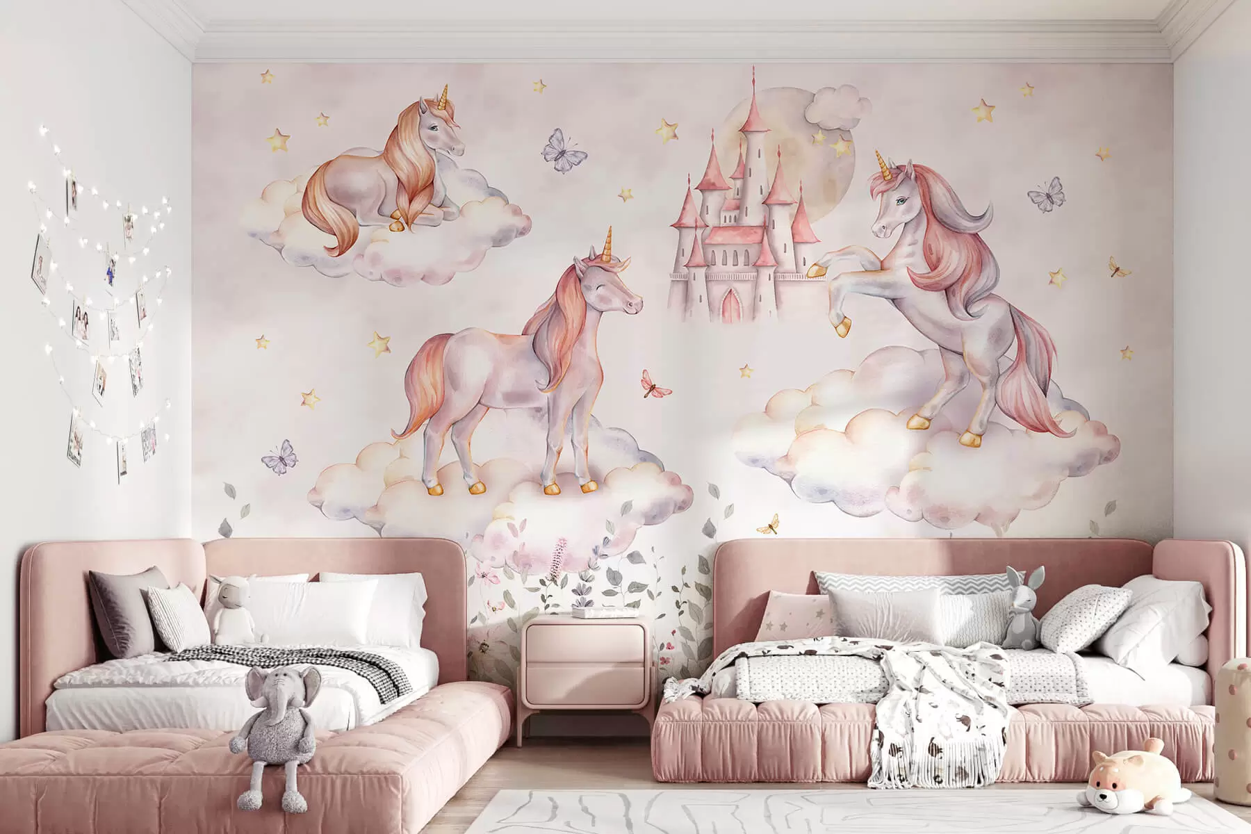 murais de parede Unicórnios nas nuvens com estrelas, borboletas e flores w04165