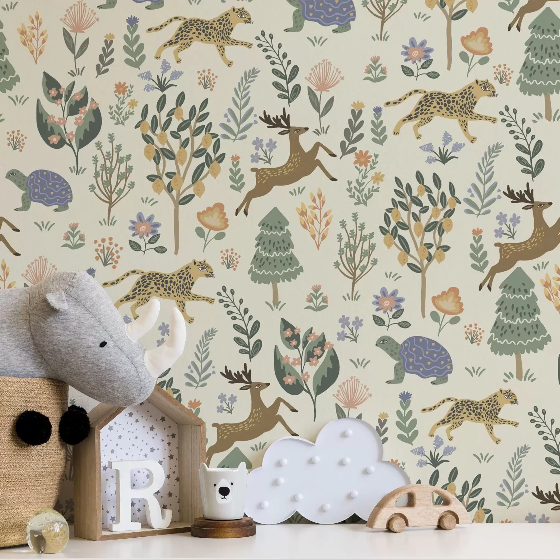 murais de parede Ilustração retro com leopardos, árvores e veados a00184