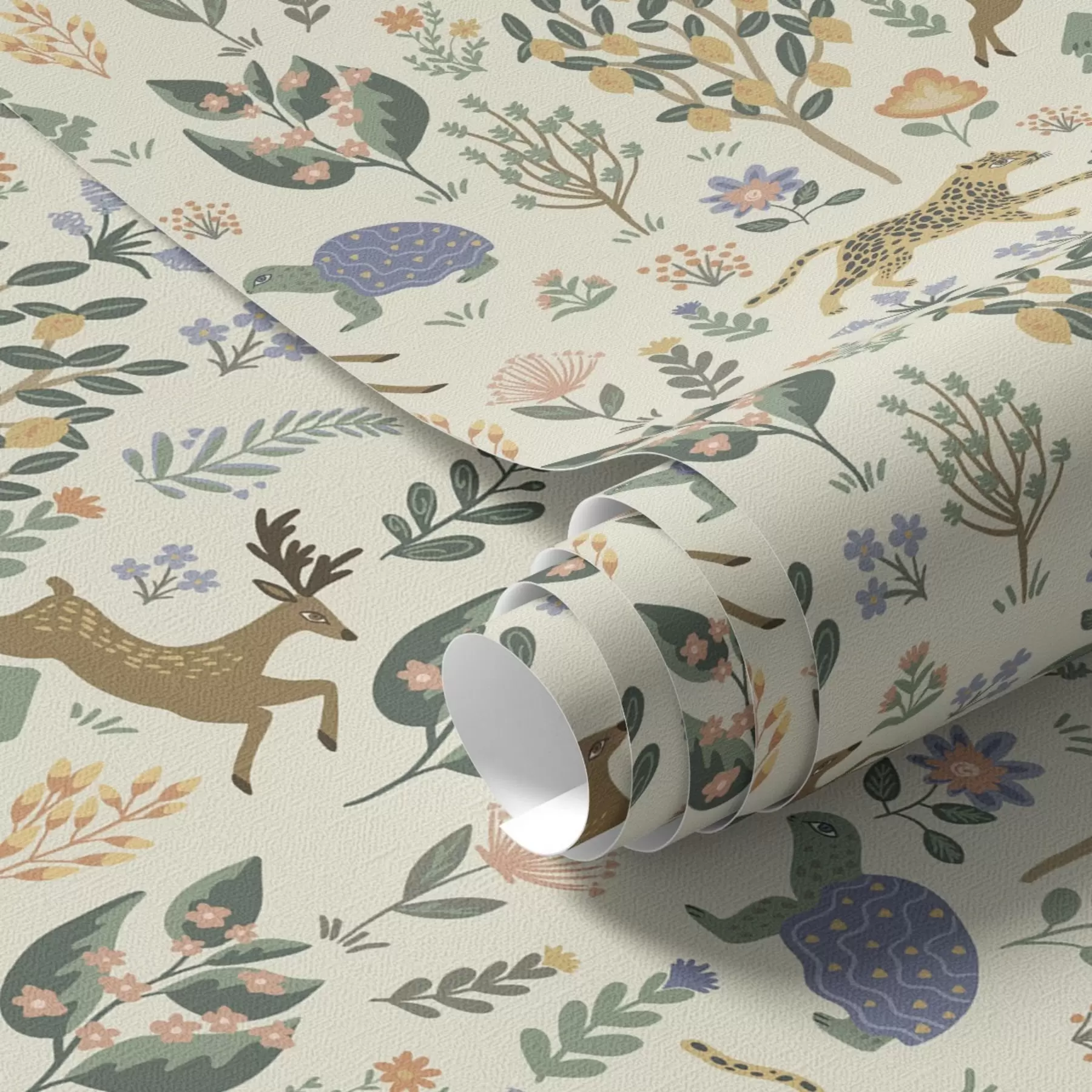 murais de parede Ilustração retro com leopardos, árvores e veados a00184