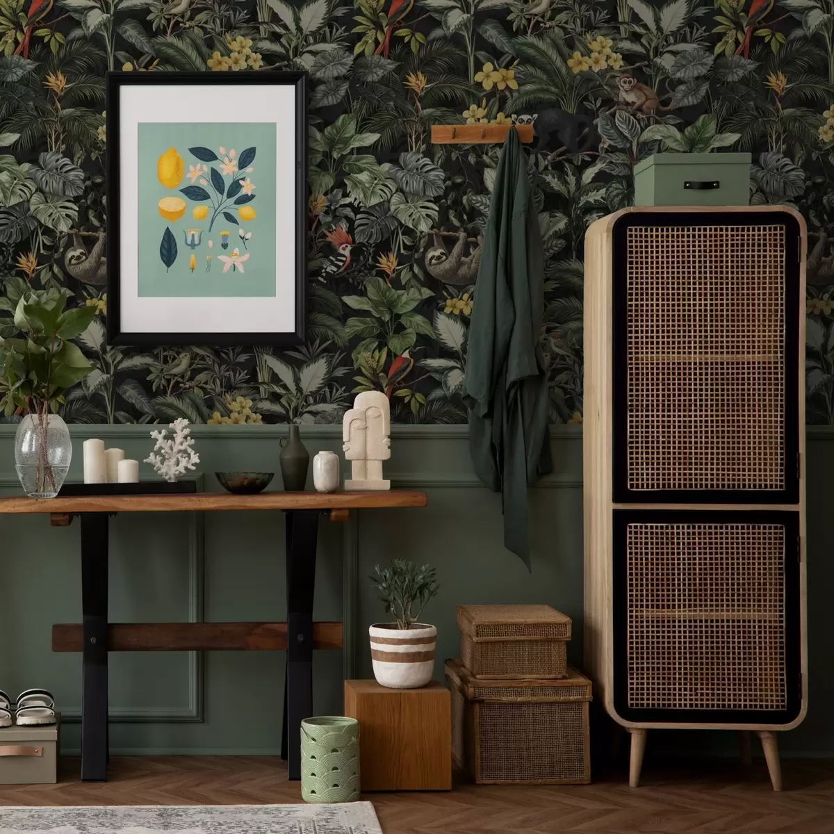 Papel de parede Selva tropical com macacos, pássaros e folhagem densa a00191