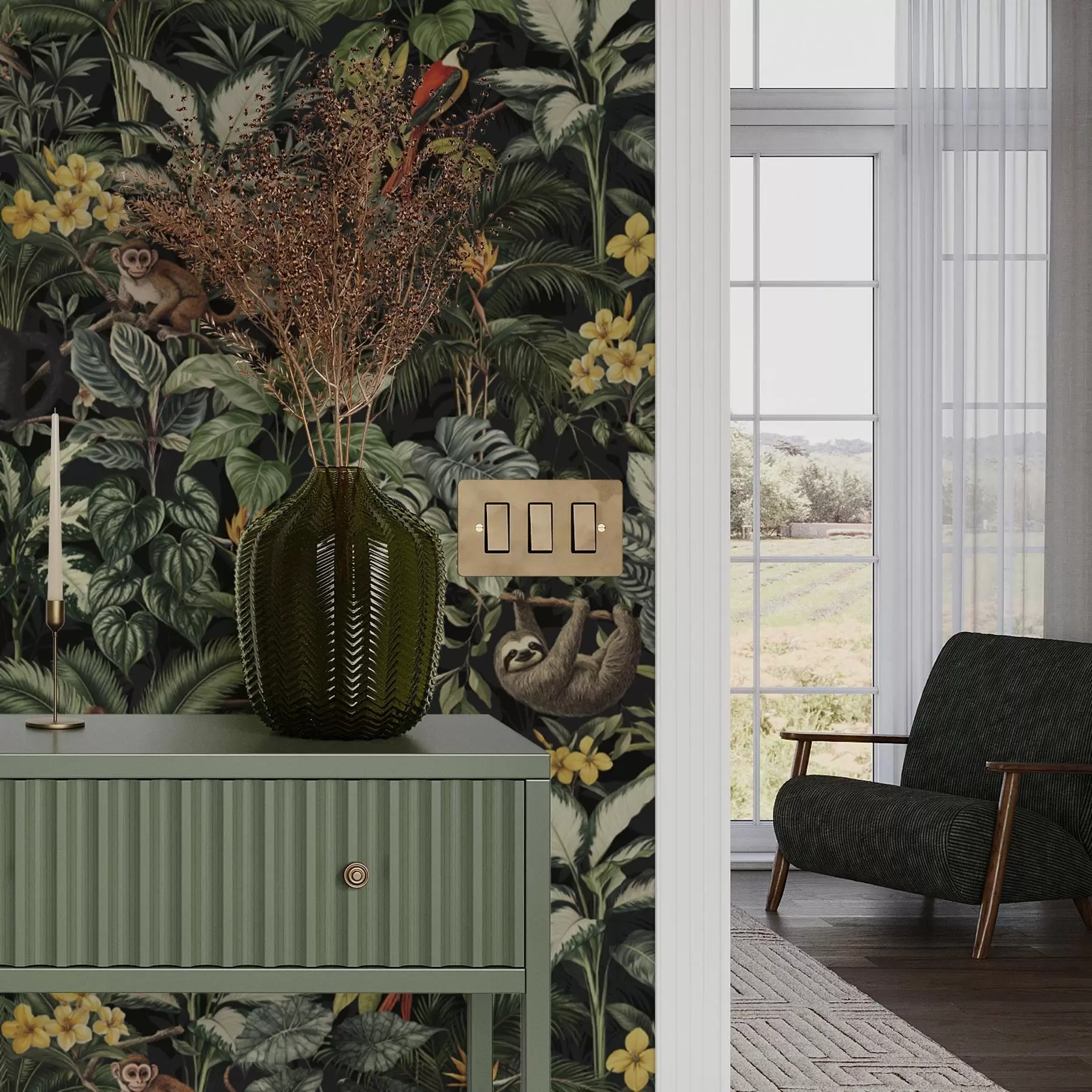 murais de parede Selva tropical com macacos, pássaros e folhagem densa a00191