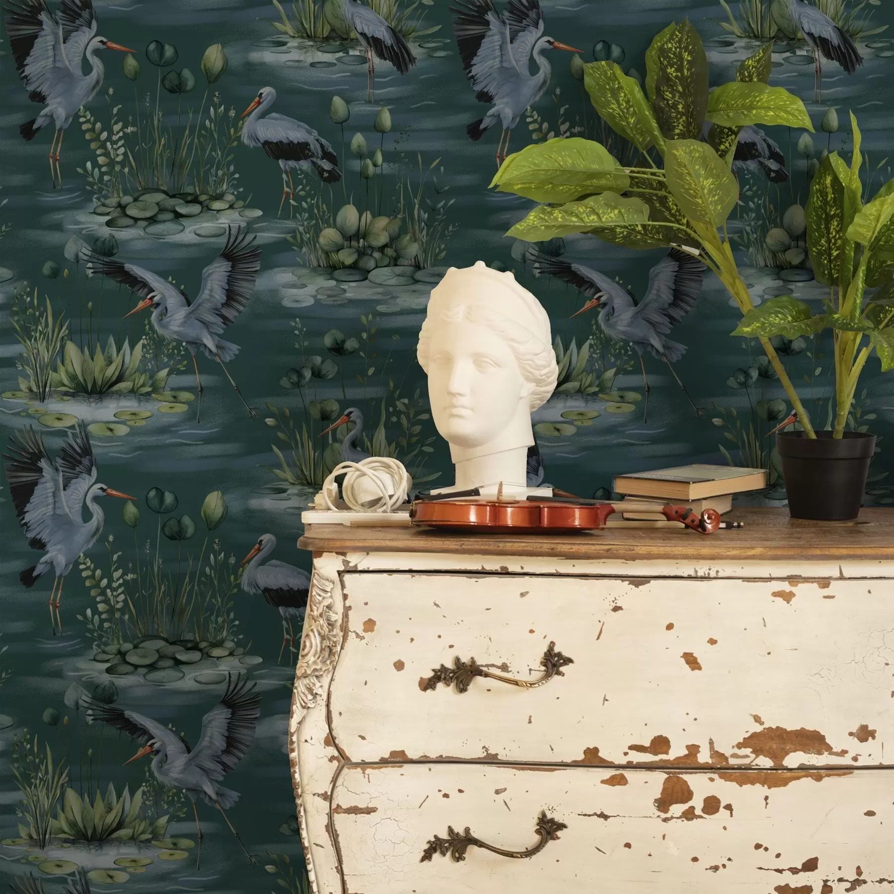 murais de parede Cenas com garças sobre o fundo de lagos e nenúfares a00202