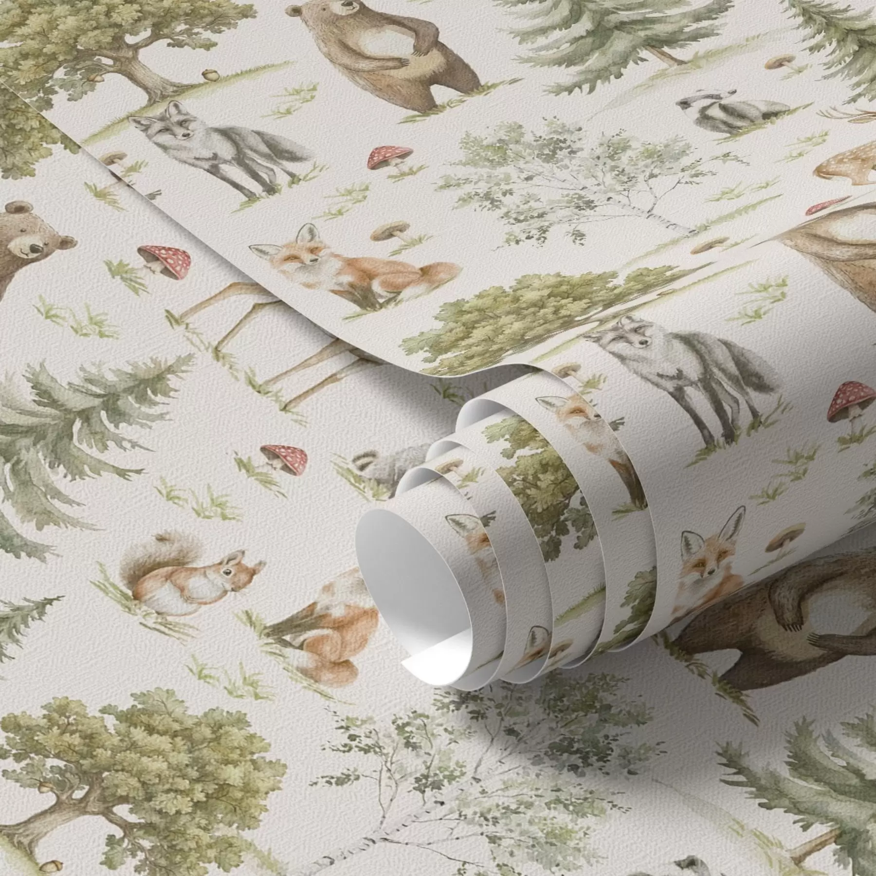 murais de parede Animais da floresta em estilo aguarela suave, árvores e cogumelos a00212