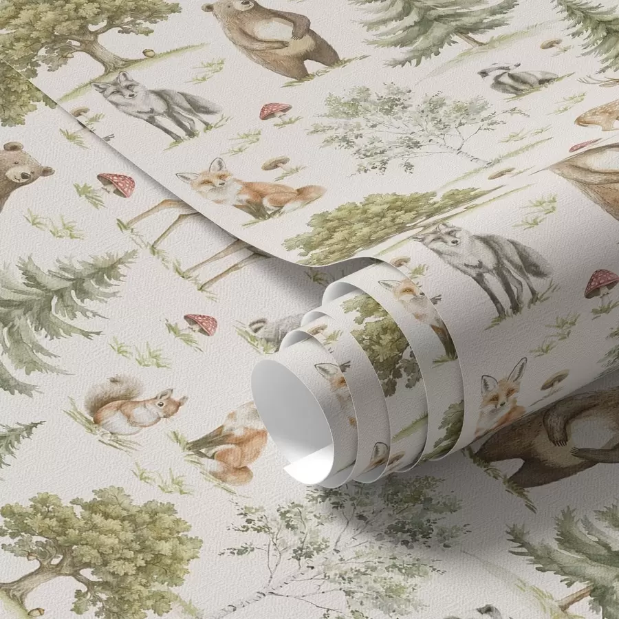 murais de parede Animais da floresta em estilo aguarela suave, árvores e cogumelos a00212