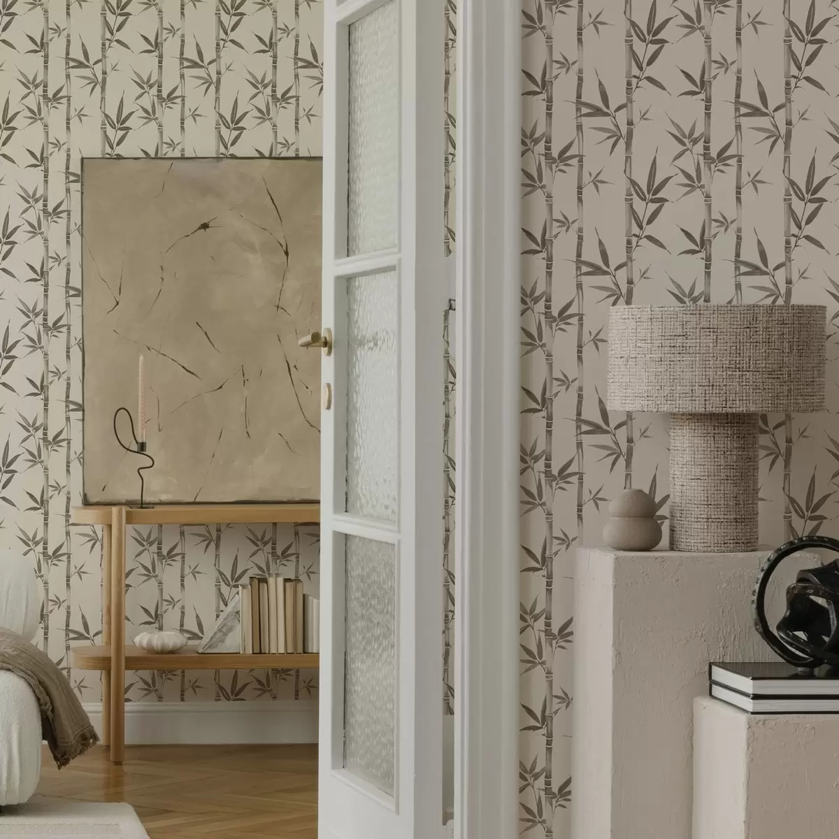 Papel de parede Padrão de bambu bege com folhas de estilo japonês a00236