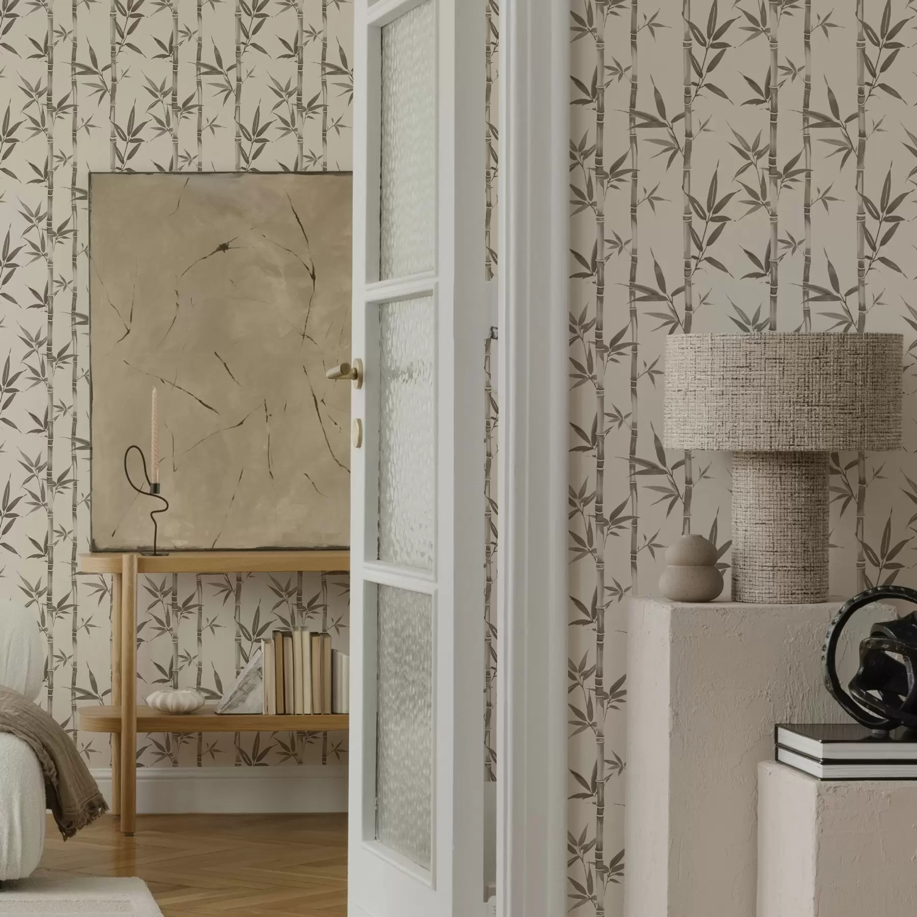 murais de parede Padrão de bambu bege com folhas de estilo japonês a00236