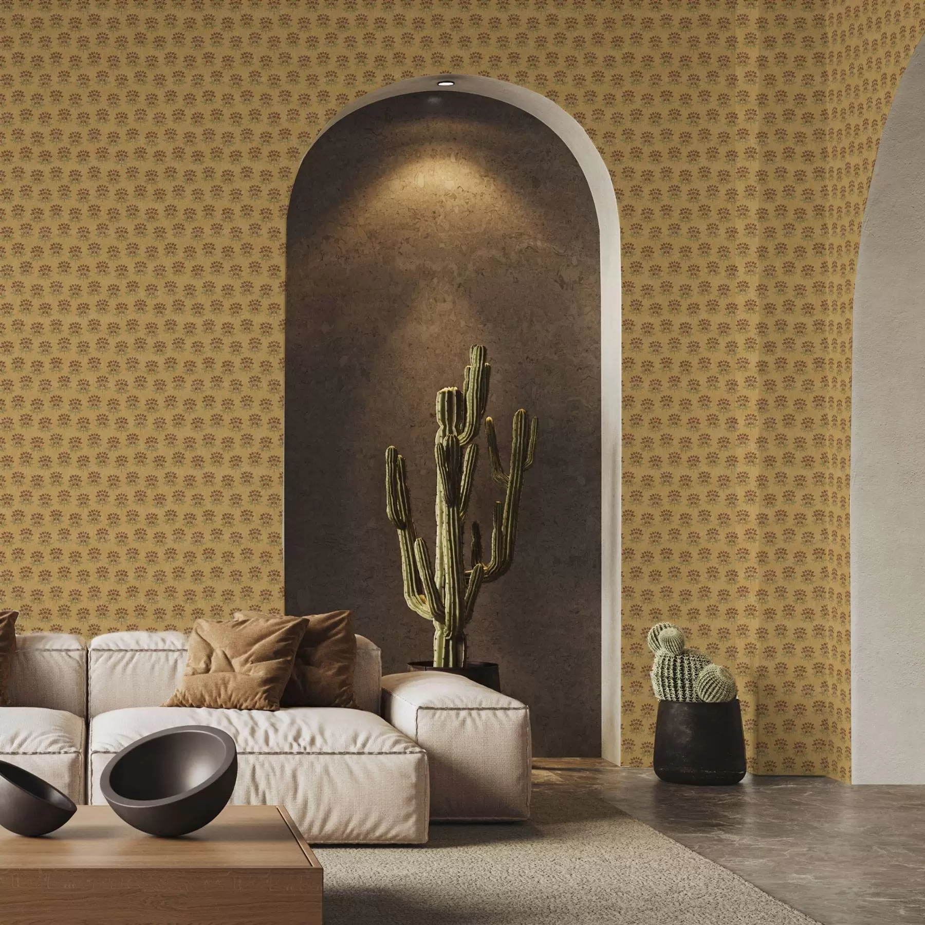 murais de parede Padrão floral retro com lótus sobre fundo amarelo a00238