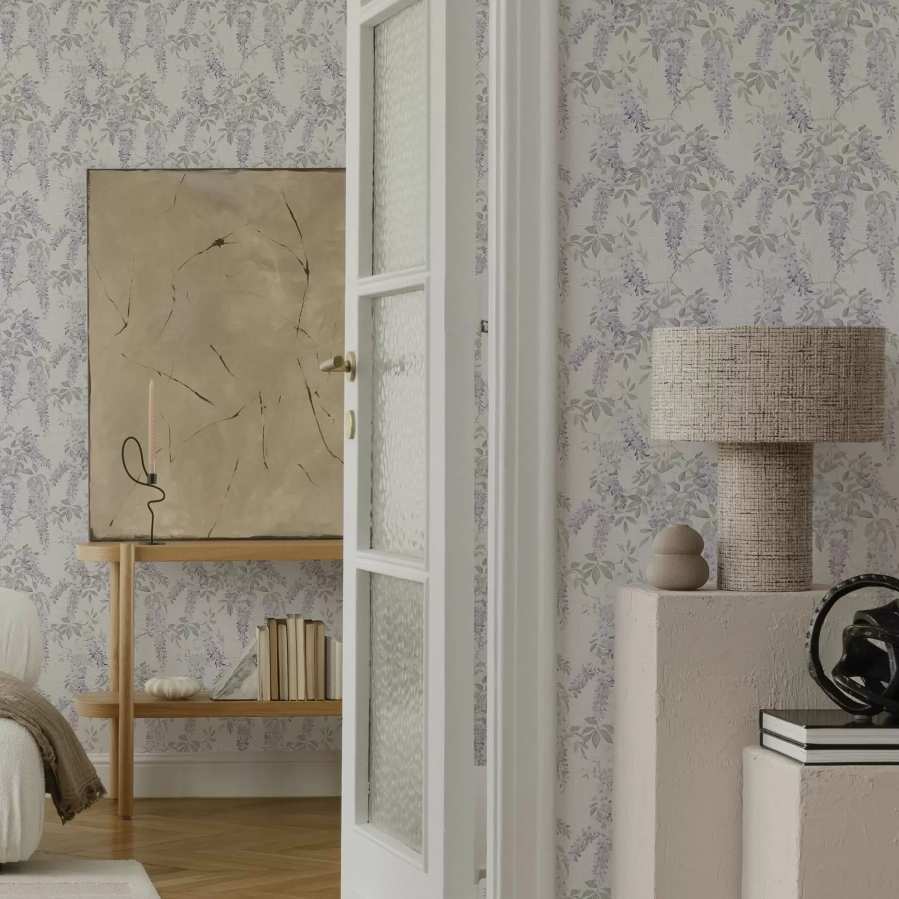 murais de parede Glicínias lilases sobre fundo branco, estilo aguarela a00239