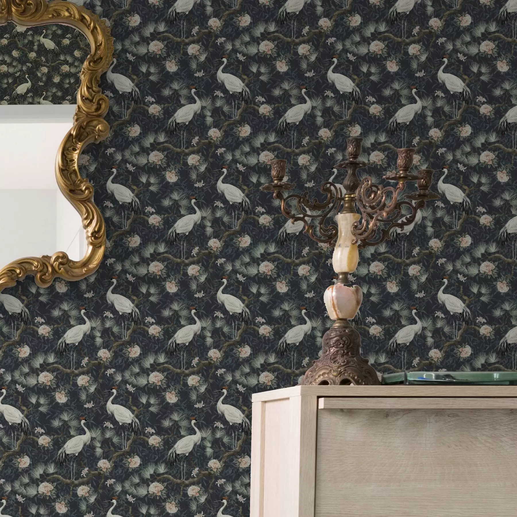 murais de parede Grous entre pinheiros e peónias sobre um fundo escuro a00241