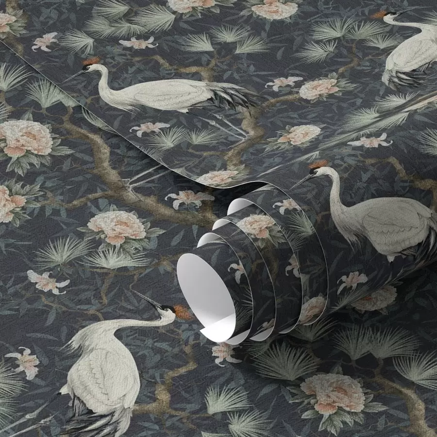 murais de parede Grous entre pinheiros e peónias sobre um fundo escuro a00241