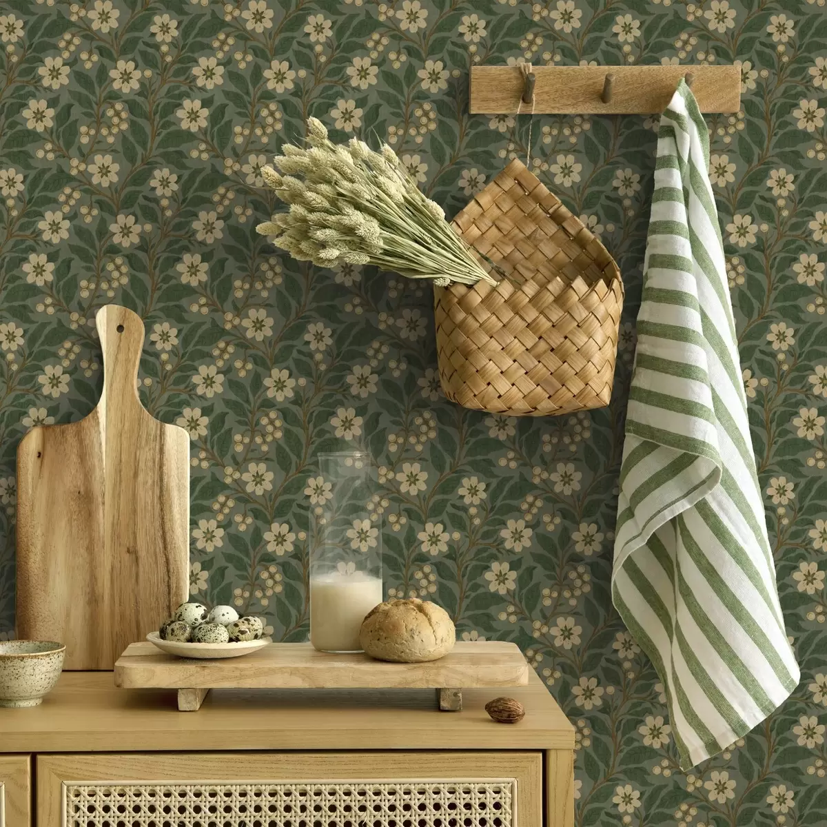 Papel de parede Flores e bagas amarelas sobre um fundo verde a00242