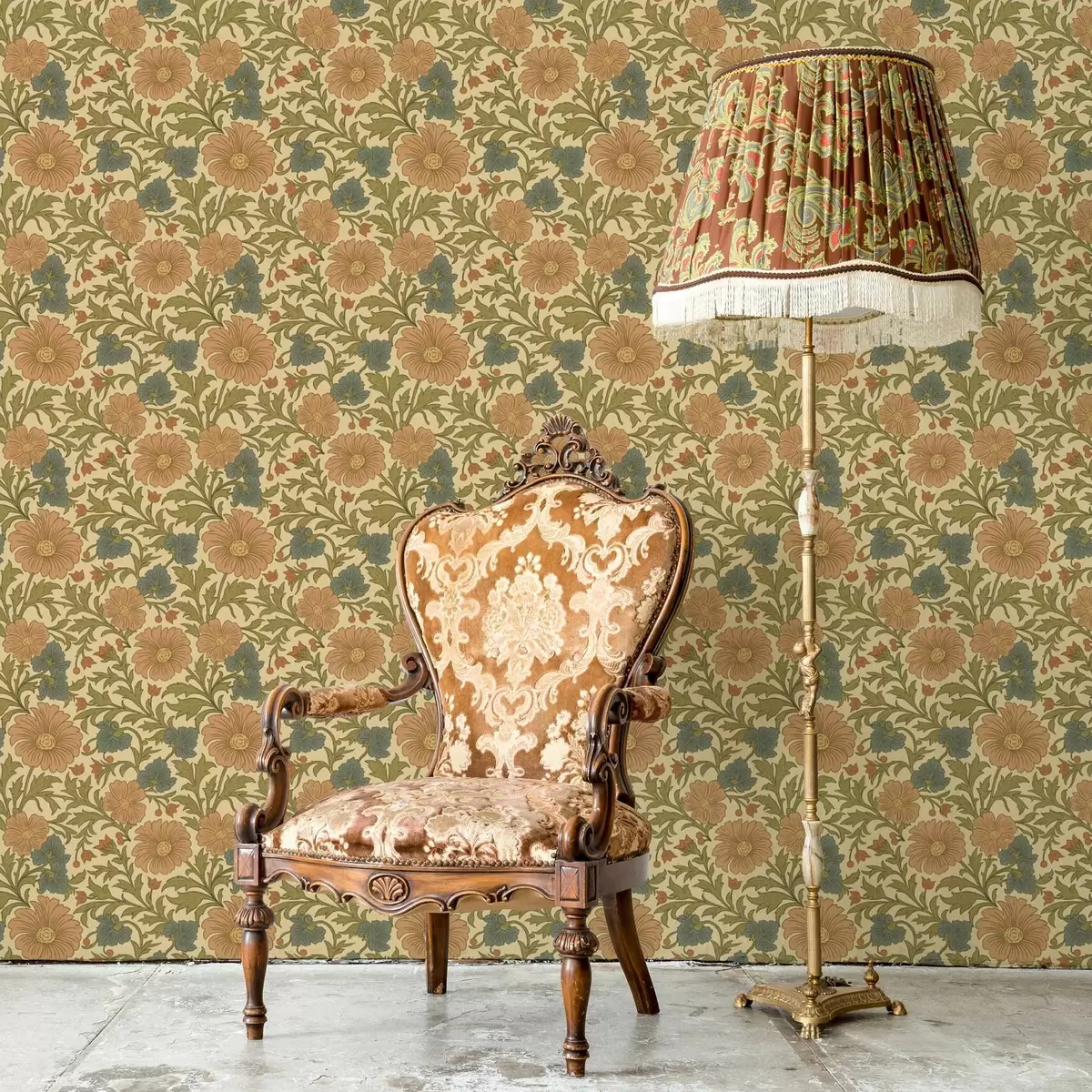 Papel de parede Padrão retro com flores cor de laranja e azuis a00245