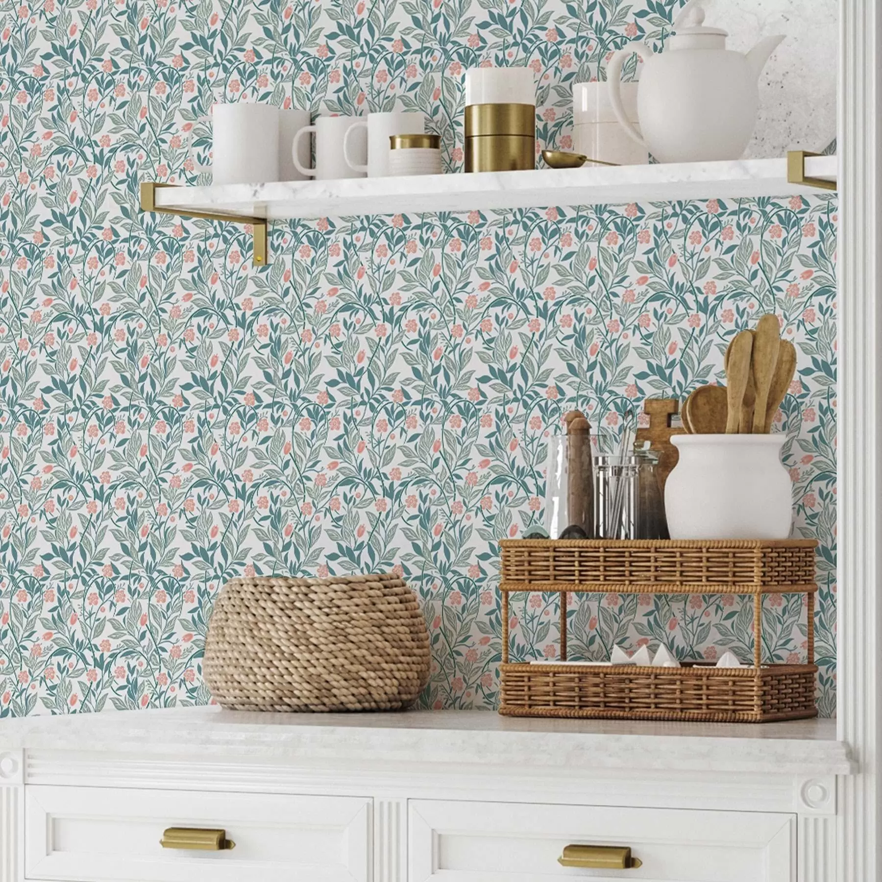 murais de parede Padrão fresco com flores e folhas de coral a00247