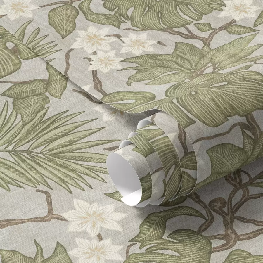 murais de parede Folhas e flores de monstera tropical sobre um fundo cinzento a00249